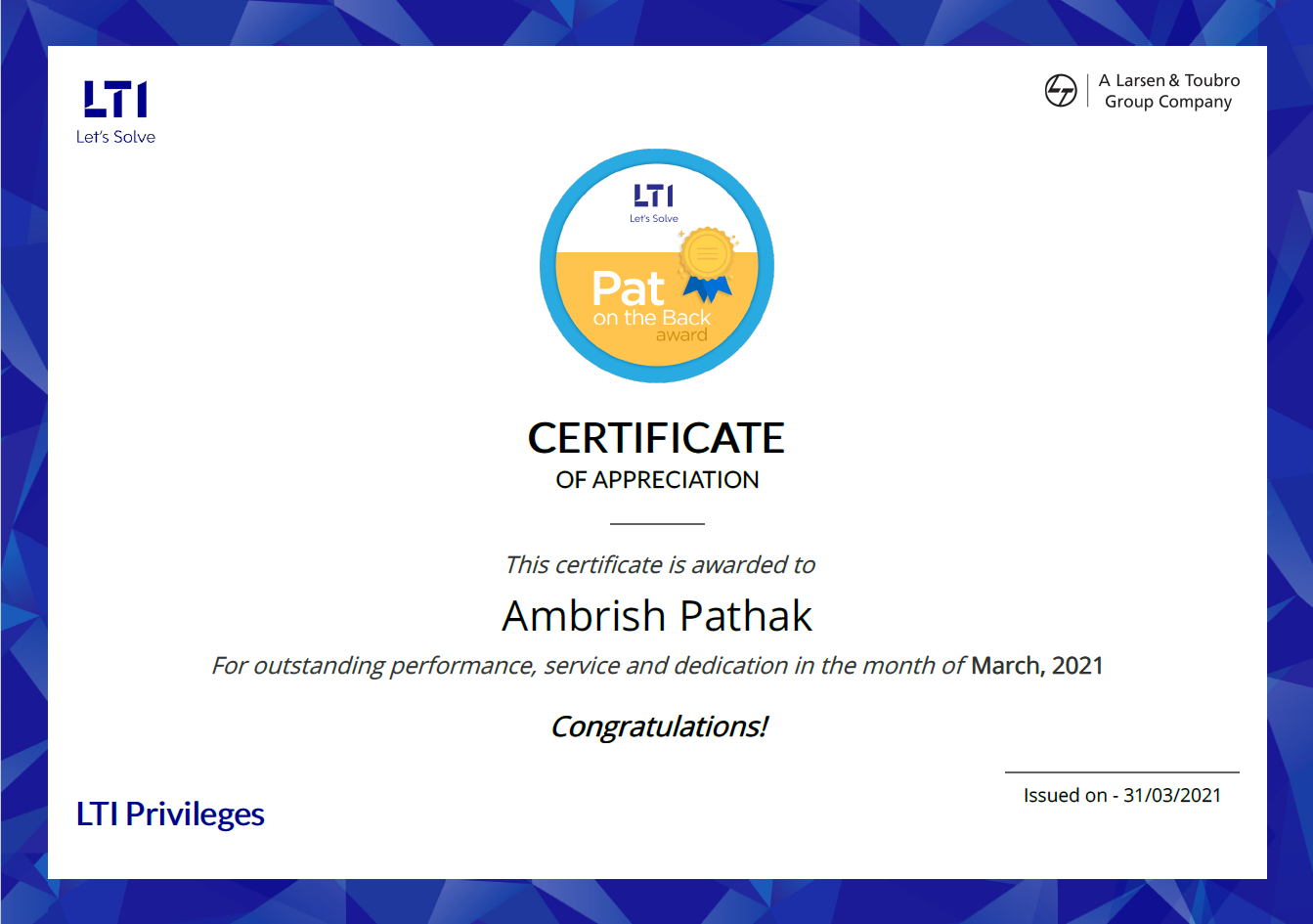 LTI : Certificate of Appreciation