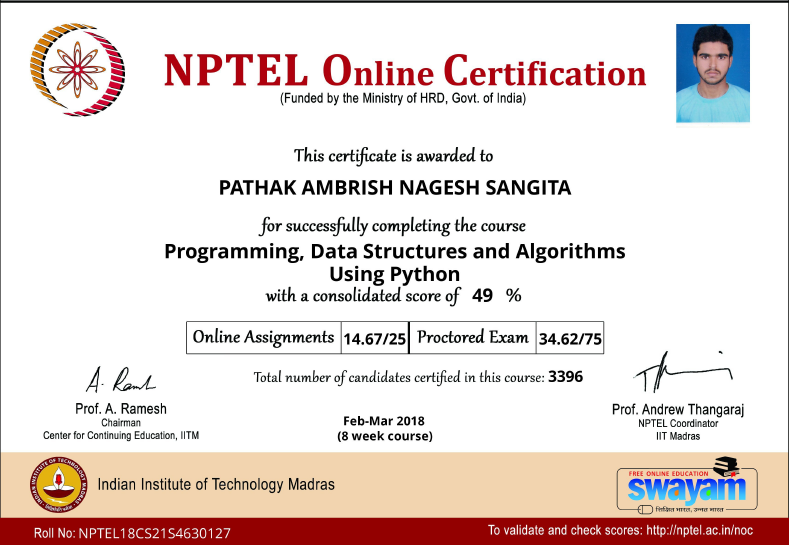 NPTEL Online : Programming, Data Structure and Algorithms using Python